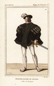 فرانسيس الثالث، دوق بريتاني 1518-1536. فرانسوا، دولفين فيينا ودوق بريتاني. مطبوعة حجرية ملونة يدويًا بواسطة JB Gautier بعد صورة شخصية في محفظة Roger de Gaignieres الثامن 14 من Le Bibliophile Jacob المعروف أيضًا باسم أزياء Paul Lacroix Historique de