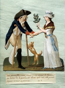 الثورة الفرنسية: "" فتاة صغيرة تجد جراحها الموعودة بعد الحرب وتفي بوعدها بالزواج منها "" Gouache des Brothers Lesueur (القرن الثامن عشر). متحف باريس كارنافالي بواسطة الإخوة ليسويور