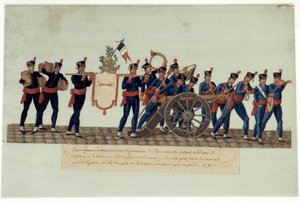 الثورة الفرنسية عام 1789: "" الشباب الذين يحملون إلى الاتفاقية ، مسحوق ، سالبتري صنعوه ومدفع قاموا بصهره. " Gouache des freres Lesueur (القرن الثامن عشر) بواسطة الإخوة ليسويور