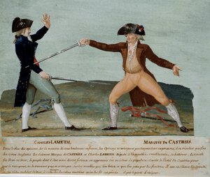 الثورة الفرنسية: مبارزة بين تشارلز لاميث (1757-1832) ، نائب في الجمعية التأسيسية ، وماركيز دي كاستريس (1756-1842) ، نائب النبلاء في 12 نوفمبر 1790. جرح الأخير لاميث واشتعلت حشود اليعاقبة فندقه . جواش بواسطة الإخوة ليسويور