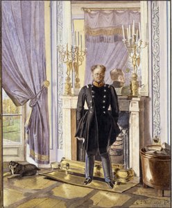 صورة لدوق روسيا الأكبر كونستانتين بافلوفيتش (1779-1831) أمام المدفأة. (صورة لدوق روسيا الأكبر قسطنطين بافلوفيتش عند المدفأة). عمل ليف إيفانوفيتش كيل (؟ -1851) ، ألوان مائية على ورق بواسطة ليف إيفانوفيتش كيل