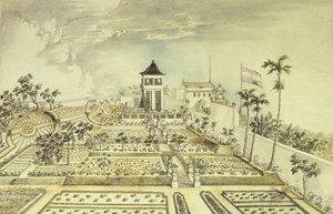 Dutch house with enclosed garden in Java Island, Indonesia, engraving بواسطة غير معروف غير معروف