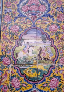 Lion hunt, polychrome tile decoration on front of Qavam house also known as Narenjestan e Ghavam بواسطة غير معروف غير معروف