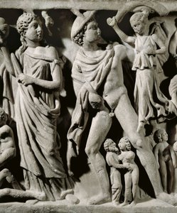Marble sarcophagus, Relief depicting Prometheus myth, Detail, Hermes and one of the Parcae or Fates, From Arles بواسطة غير معروف غير معروف