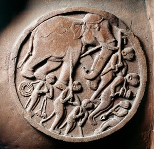Medallion with monkeys and elephants, relief from Stupa of Bharhut, Buddhist monument, Madhya Pradesh, India, Indian Civilization, 2nd century BC بواسطة غير معروف غير معروف