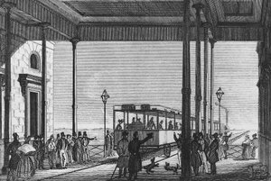 Train leaving Venezia Santa Lucia railway station, Venice, Italy, engraving بواسطة غير معروف غير معروف