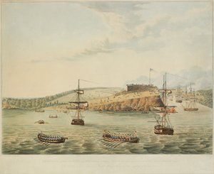 الهجوم على فورت أوسويغو ، بحيرة أونتاريو ، أمريكا الشمالية. 6 مايو 1814 ، الظهيرة ، وحصن العاصفة أوسويغو من قبل الكتيبة الثانية من مشاة البحرية الملكية وحفلة من البحارة ، على بعد 15 مترًا من الثانية عشر ظهراً ، نقشها ر. هافيل ، 1815 بواسطة ملازم ج. هيويت