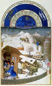 الفاكس لشهر فبراير: مشهد ساحة الفلاحين مع الفلاحين ، تم نسخه من "من" Tres Riches Heures du Duc de Berry "(للأصل انظر 8434) بواسطة ليمبورغ اخوان