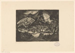منظر التلال مع الأشجار والمباني Le Soir (العنوان الأصلي على الكائن) بواسطة لوديويجك شلفهوت (توقيع الفنان)