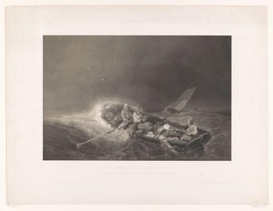 Vissers in een roeiboot op zee البحرية Gezichten (عنوان السلسلة) اللوحات البحرية. طبعت بالحجر في الميزوتنت من قبل L. Sabatier بعد Eug. Isabey (عنوان المسلسل على الكائن) بواسطة ليون جان بابتيست ساباتير