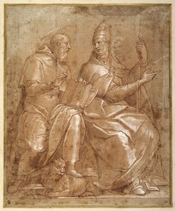 St Jerome conversing with St Gregory the Great (pen & brown ink with reddish brown wash and heightening) بواسطة لورنزو (1530 76) ساباتيني