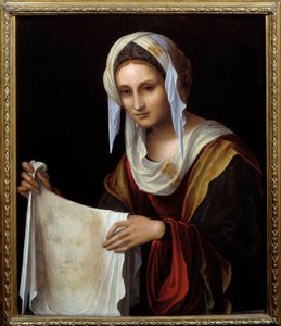 Saint Veronica. The Holy Veil represents the face of Christ whose sweat Veronique was said to have been sweaty during the climb to Calvary. Painting by Lorenzo Costa (1460-1535) Sun. 0,64x0,54 m بواسطة لورنزو كوستا