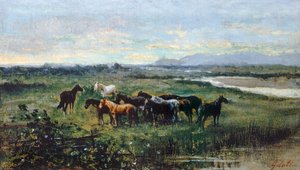 الخيول البرية ، حوالي عام 1870 ، بواسطة لورنزو جيلاتي (1824-1893) ، زيت على قماش منقوش على لوح ، 21 × 37 سم بواسطة لورنزو جيلاتي