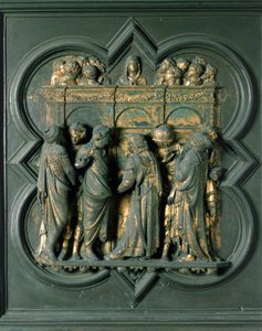 شمال بورت (يسمى Porte de la Croix ، في الشمال) ، التفاصيل الخارجية: "Pentecote" منحوتة برونزية من صنع Lorenzo Ghiberti (1378-1455) بواسطة لورينزو غيبرتي