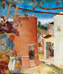 القديسة باربرا في البرج ، تفاصيل من Christ-Vine و Legend of Saint Barbara بواسطة Lorenzo Lotto (حوالي 1480-1556) ، لوحة جدارية ، تفاصيل ، Villa Suardi ، Capella Suardi ، Trescore Balneario بواسطة لورينزو لوتو