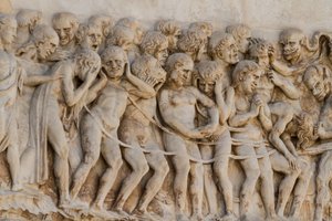 Damned paraded to Hell, detail from Scenes of Last Judgment, Stories of Apocalypse, bas-reliefs by Lorenzo Maitani (before 1275-1330) and aid, fourth pillar, facade of Orvieto cathedral, Umbria, Italy