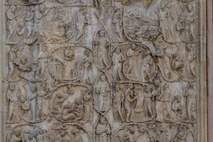 Jesse tree and messianic prophecies, Stories of Genesis, bas-reliefs by Lorenzo Maitani (before 1275-1330), second pillar, facade of Orvieto cathedral, Umbria, Italy