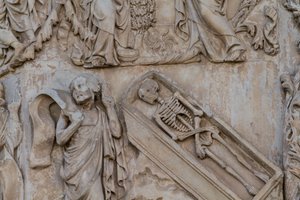 Prophet Ezekiel, detail from Jesse tree and messianic prophecies, Stories of Genesis, bas-reliefs by Lorenzo Maitani (before 1275-1330), second pillar, facade of Orvieto cathedral, Umbria, Italy