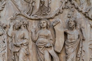 Prophets, detail from Jesse tree and messianic prophecies, Stories of Genesis, bas-reliefs by Lorenzo Maitani (before 1275-1330), second pillar, facade of Orvieto cathedral, Umbria, Italy