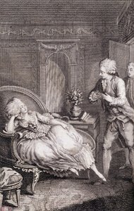 Gentilhomme يعلن حبه لسيدة ترزح على راعية - في "" Les francaises ou 34 مثالًا تم اختيارها في الأعراف الحالية المناسبة لقيادة البنات والزوجات والأمهات "بقلم Restif de La Bretonne (1734-1806) ، مريض. بواسطة بينيه ، نيوفشاتيل