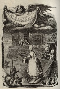 رسم توضيحي لـ "La Paysanne pervertie ou les Dangers de la ville" للكاتب الفرنسي Restif de La Bretonne (1734-1806). نقش بينيه من القرن الثامن عشر.