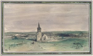 الكنيسة والقرية في وسط الحقل ، مونتيني ، 1866 (قلم وحبر ومرحاض على ورق)