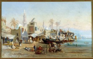 صيادون ومساجد بميناء بولاك في مصر لوحة لأمابل لويس كرابيليت (1822-1867) شمس. 41x64 سم إشارة إلزامية: مجموعة مؤسسة Regards de Provence ، مرسيليا بواسطة لويس أمابل كرابيليت