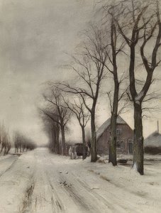 Winterlandschaft mit Bauernhof an einer Allee (منظر طبيعي شتوي مع مزرعة في شارع) بواسطة لويس أبول