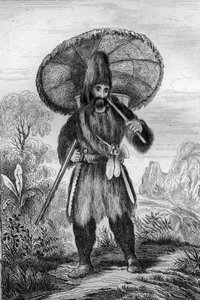 كنت أرتدي قبعة ذات ارتفاع ... نقش بعد رسم M. de Sainson لكتاب Daniel Defoe (De foe) "Robinson Crusoe" "طبعة فرنسية عام 1837.