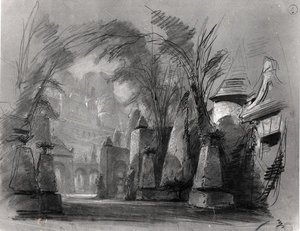 تعيين تصميم لـ 'Les Burgraves' (1843) بواسطة Victor Hugo (1802-85) (قلم رصاص؟ على ورق) (صورة بالأبيض والأسود) بواسطة لويس بولانجر
