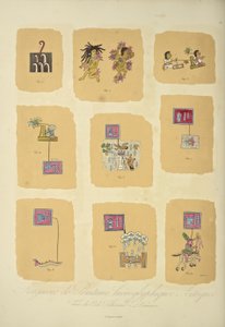 شظايا من لوحات الأزتك الهيروغليفية ، من Codex Telleriano-Remensis ، رسم توضيحي من "مناظر كورديليراس وآثار الشعوب الأصلية في أمريكا" بقلم ألكسندر فون هومبولت وأيم بونبلاند بواسطة باقة لويس
