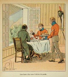 رسم إيضاحي لبومبلد لويس (1862-1927) من كتاب "ذكرى سانت هيلين" بقلم الكونت إيمانويل دي لاس (1766-1842): عشاء بين حالات لاس وضابط الحرس ، مجموعة خاصة بواسطة تفجير لويس تشارلز