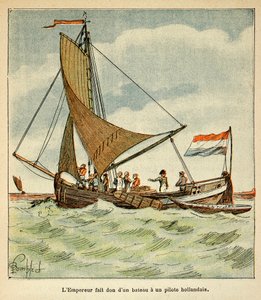 رسم إيضاحي لبومبلد لويس (1862-1927) من كتاب "ذكرى سانت هيلين" للكونت إيمانويل دي لاس كيس (1766-1842): تبرع نابليون بقارب لطيار هولندي أثناء زيارته لهولندا بواسطة تفجير لويس تشارلز