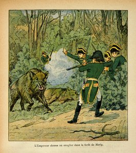 رسم إيضاحي لبومبلد لويس (1862-1927) من كتاب "ذكرى سانت هيلين" للكونت إيمانويل دي لاس كيسس (1766-1842): الإمبراطور نابليون يصطاد الخنزير في غابة مارلي ، مجموعة خاصة بواسطة تفجير لويس تشارلز