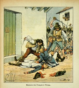 رسم إيضاحي لبومبلد لويس (1862-1927) من كتاب "ذكرى سانت هيلين" للكونت إيمانويل دي لاس كيس (1766-1842): مذبحة للجنود الفرنسيين في فيرونا ، مجموعة خاصة بواسطة تفجير لويس تشارلز