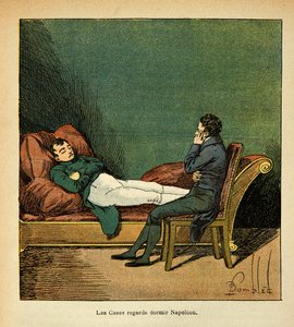 رسم إيضاحي لبومبلد لويس (1862-1927) من كتاب "ذكرى سانت هيلين" للكونت إيمانويل دي لاس كيسس (1766-1842): كيسات لاس تنظر إلى نابليون نائمًا ، مجموعة خاصة بواسطة تفجير لويس تشارلز