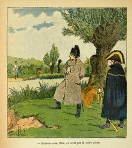 رسم إيضاحي لبومبلد لويس (1862-1927) من كتاب "نصب تذكاري لسانت هيلين" للكونت إيمانويل دي لاس كيس (1766-1842): في جزيرة لاوبو أثناء معركة إيسلينج ، يخاطر نابليون ، ضابط نمساوي يدعو الإمبراطور "" ويدير بواسطة تفجير لويس تشارلز