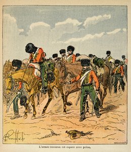 رسم إيضاحي لبومبلد لويس (1862-1927) من كتاب "نصب تذكاري لسانت هيلين" للكونت إيمانويل دي لاس حالات (1766-1842): يعبر الجيش الإمبراطوري بصعوبة السهول الروسية قبل موسكو ، مجموعة خاصة بواسطة تفجير لويس تشارلز