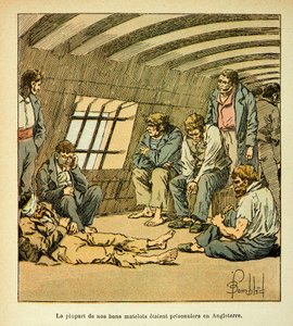 رسم إيضاحي لـ Bombled Louis (1862-1927) من كتاب "The Memorial se Sainte Helene" للكونت Emmanuel de Las Cases (1766-1842): سجناء فرنسيون على الطوافات الإنجليزية ، مجموعة خاصة بواسطة تفجير لويس تشارلز