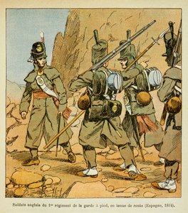 رسم توضيحي للويس القنبلة (1862-1927) من كتاب "ذكرى القديسة هيلين" بقلم الكونت إيمانويل دي لاس (1766-1842): جنود إنجليز من الفوج الأول للحرس في رصيف على الطريق (إسبانيا 1814) ، مجموعة خاصة بواسطة تفجير لويس تشارلز