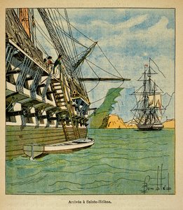 رسم توضيحي للويس بومبلد (1862-1927) من كتاب "ذكرى القديسة هيلين" بقلم الكونت إيمانويل دي لاس (1766-1842): وصول نابليون إلى سانت هيلين في 15 أكتوبر بواسطة تفجير لويس تشارلز