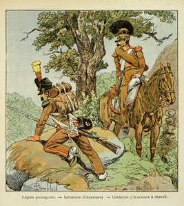 رسم توضيحي للويس بومبلد (1862-1927) من كتاب "نصب تذكاري لسانت هيلين" بقلم الكونت إيمانويل دي لاس (1766-1842): الفيلق البرتغالي: المشاة (الصيادون) وسلاح الفرسان (الصيادون على ظهور الخيل) ، مجموعة خاصة بواسطة تفجير لويس تشارلز