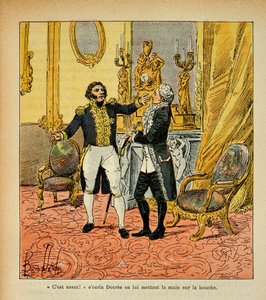 رسم توضيحي للويس بومبلد (1862-1927) من كتاب "ذكرى القديسة هيلين" بقلم الكونت إيمانويل دي لاس (1766-1842): تاليران (1754-1838) يواجه دينيس ديكرس (1761-1820) مجموعة خاصة بواسطة تفجير لويس تشارلز