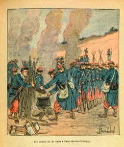 L'Armee de l'Est بواسطة Eugene Sergeant ، dit Grenest ، مصور بواسطة Louis Bombled (1862-1927) (الحرب الفرنسية الألمانية ؛ حملة 1870-1871): جنود الفيلق الثامن عشر في Saint Martin d'Auxigny ، جزئيًا مجموعة بواسطة تفجير لويس تشارلز
