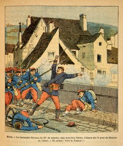 L'Armee de l'Est de Eugene Sergent ، dit Grenest ، مصور بواسطة Louis Bombled (1862-1927) (الحرب الفرنسية الألمانية ؛ حملة 1870-1871): معركة Nuits Saint Georges ، الملازم Thomas of the 57 ، eme دي مارش ، الذي أصيب بالفعل ثلاث مرات ، يبدأ في بواسطة تفجير لويس تشارلز