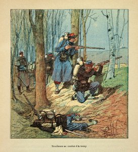 L'Armee de la Loire بواسطة Eugene Sergent ، dit Grenest ، مصور بواسطة Louis Bombled (1862-1927) (الحرب الفرنسية الألمانية ؛ حملة 1870-1871): Tirailleurs au Combat d'Artenay في 10 أكتوبر 1870 ، مجموعة خاصة بواسطة تفجير لويس تشارلز