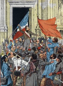 Proclamation of the Second Republic, Revolution of 1848: Alphonse de Lamartine (1790-1869), refusing the red flag as the emblem of the Republic and preferring it the tricolour flag, during a speech at the City Hall of Paris, February 25
