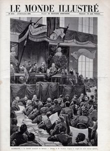 خطاب أوجست بيبل (1840-1913) أثناء المؤتمر الاشتراكي لبريسلاو بألمانيا عام 1895 - نقش في "العالم المصور" عام 1895 - رسم بواسطة بومبلد. بواسطة تفجير لويس تشارلز