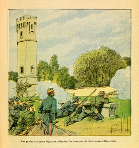 الجيش الشرقي ليوجين رقيب ، ديت جرينست ، رسمه لويس بومبلد (1862-1927) (الحرب الفرنسية الألمانية ؛ حملة 1870-1871): الدفاع عن ديجون في أكتوبر 1870 ، حرس ديجونيه الوطني يدافع عن مرتفعات مونتموسارد ، بشكل خاص مجموعة بواسطة تفجير لويس تشارلز