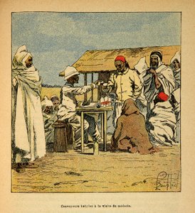 الحرب في مدغشقر - التاريخ القصصي للبعثات الفرنسية 1885-1895 بقلم هنري جالي ديت جاليشيت (1854-1922) ، مصور من قبل لويس بومبلد (1862-1927): قوافل القبائل زيارة لطبيب عسكري ، مجموعة خاصة بواسطة تفجير لويس تشارلز